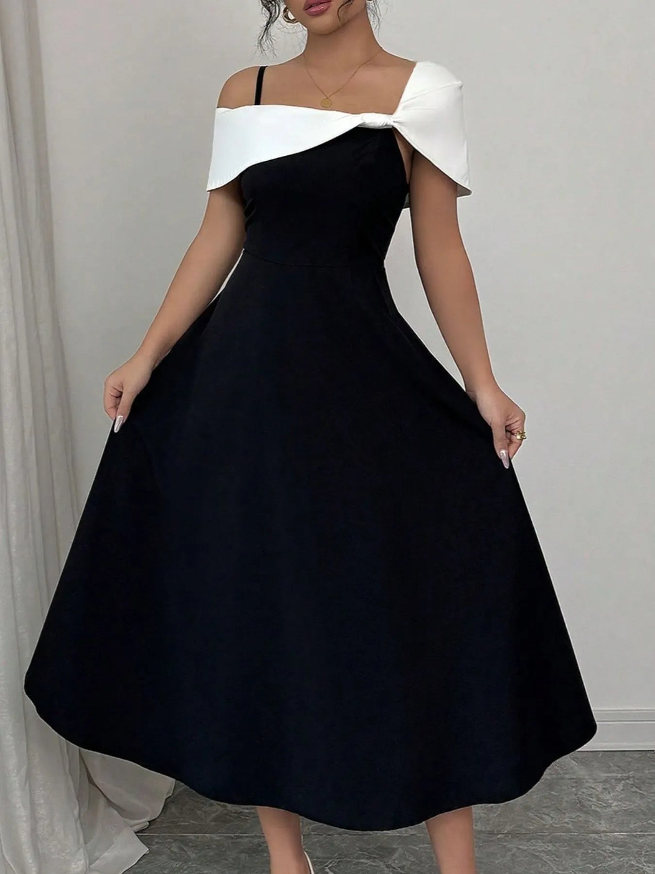Asymmetrical Neck Contrast Midi Dress
