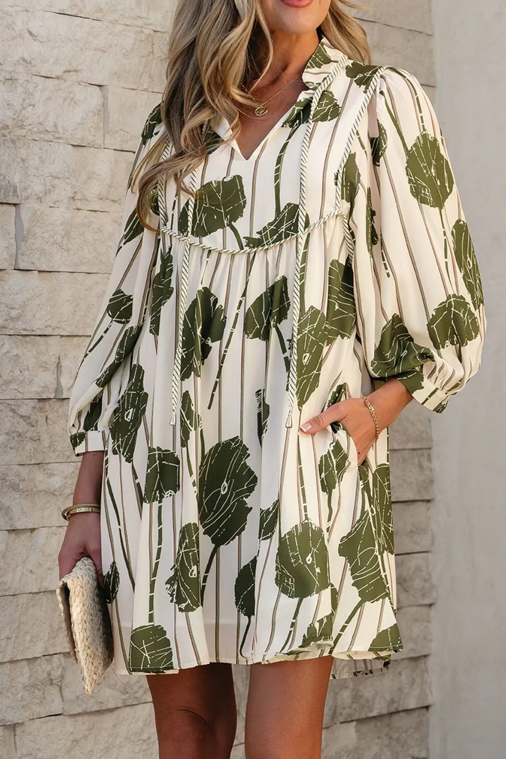 Printed Tie Neck Balloon Sleeve Dress