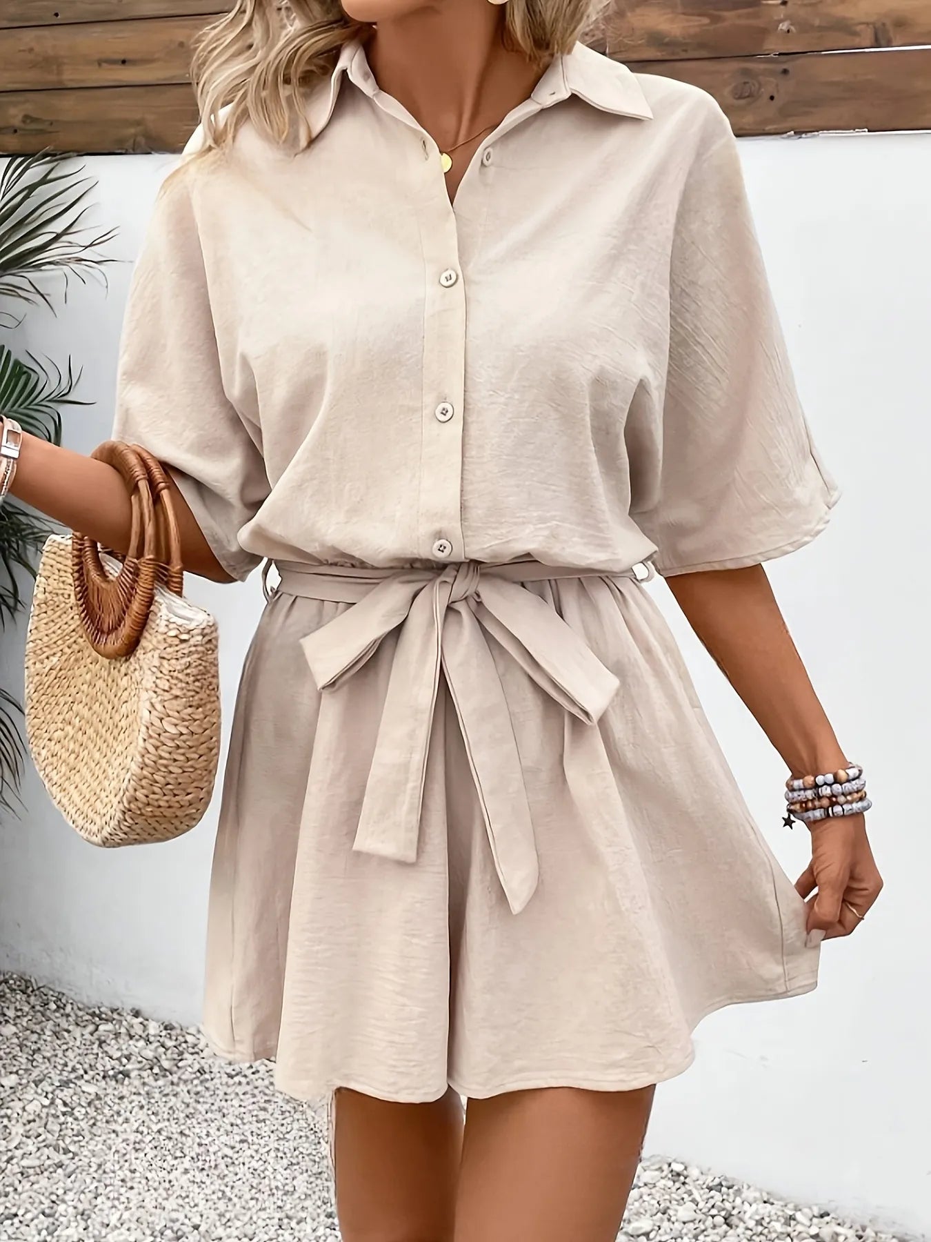 Button Front Tie Waist Romper